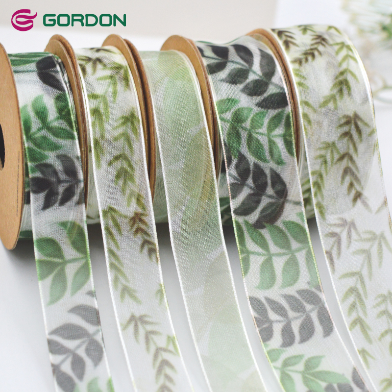Gordon Ribbons Organza Leaf Printing Ribbon Thermal Transfer Printing Sheer Ribbon For Gift Decoration