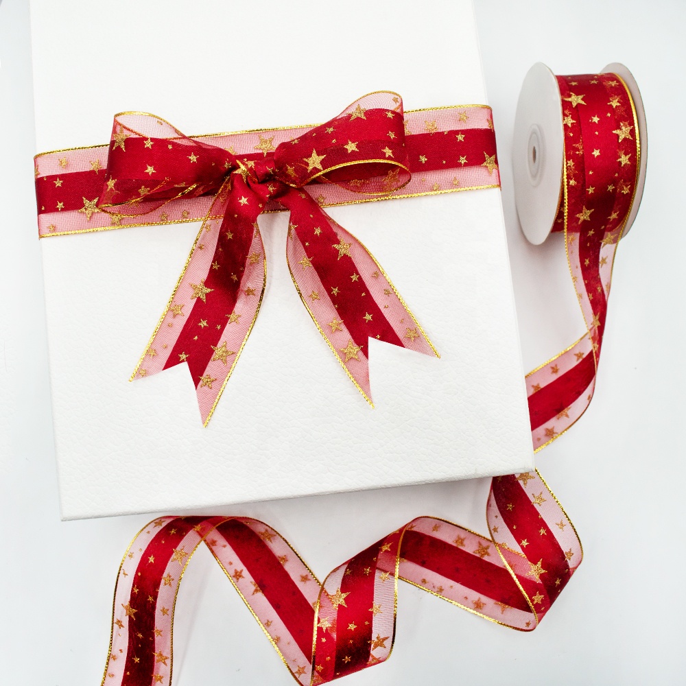 Gordon Ribbons printed organza custom 3D gold foil star printed ribbon red sheer organza ribbon for gift package decorative