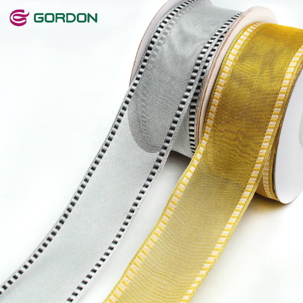 Gordon Ribbons wholesales 1 1/2'' gold/black edge gold/silver organza ribbon for DIY gift wrapping baking decor party decor
