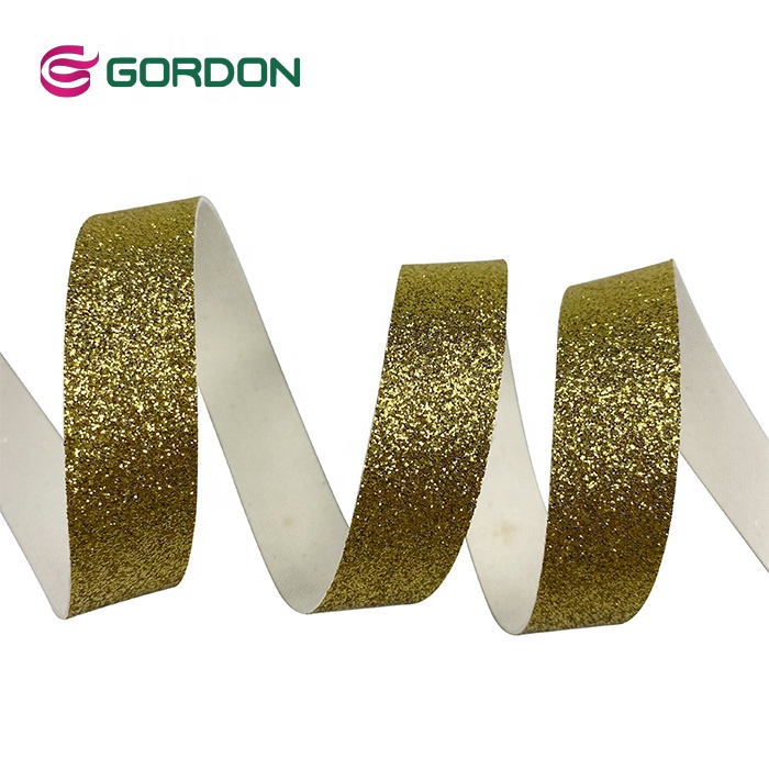 Gordon ribbons gift tape luxury 3/8 inch slit edge glitter ribbon gold color sparkle glitter thick ribbon ruban emballage cadeau